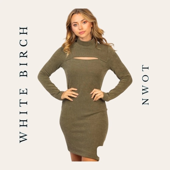 White Birch Ribbed Knee Length Sweater Dress with Peekaboo Plus Size - Picture 2 of 8